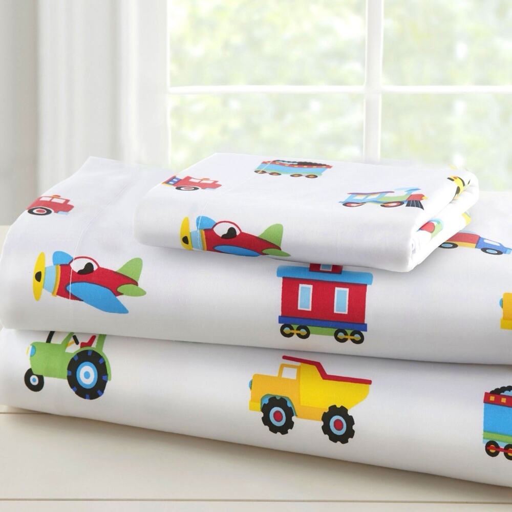Wildkin Olive Kids Trains Planes & Trucks Cars Full Sheet Set 2 Pillow Cases